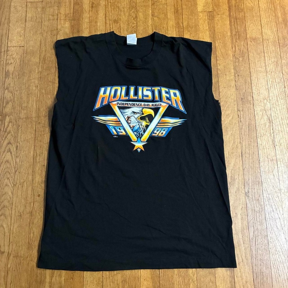 Vintage 1998 Hollister Independence Day Rally Motorcycle Tank Top XL Black Fruit